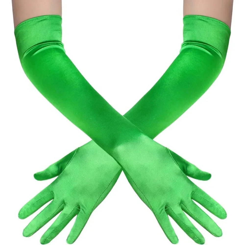 Women's Green Vintage Satin Long Gloves Party Tea Costume Stretchy Elbow Length